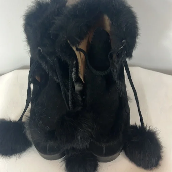 Coach Kataya Wedge Ankle Boots Booties in Black Suede with Black Rabbit Fur Trim - Picture 10 of 17